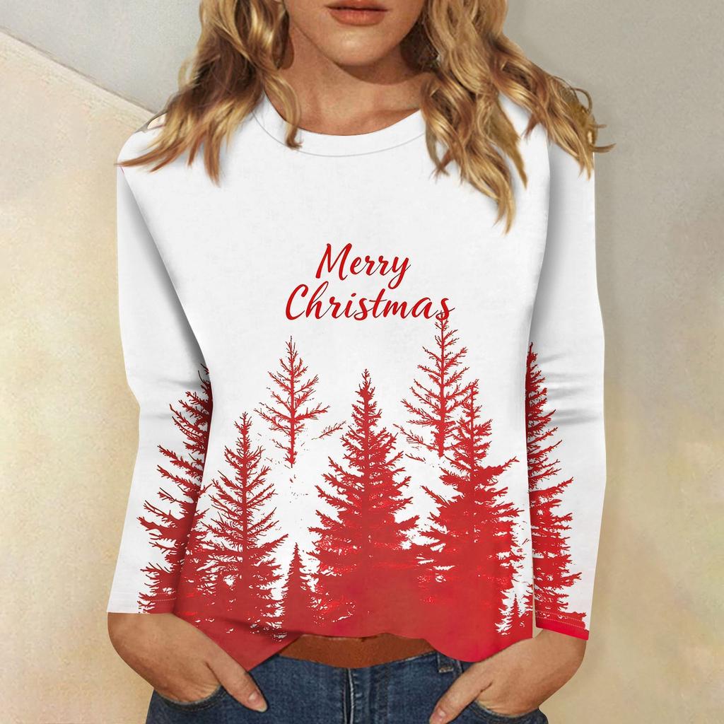 Женская мода повседневный рождественский принт круглый вырез длинный рукав пуловер топ