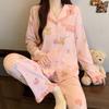 Розовая пижама из имитации хлопка для девочки, женская, весенне-осенняя, милая, с кружевом и мишкой, с длинными рукавами, домашняя одежда, которую можно носить вне дома