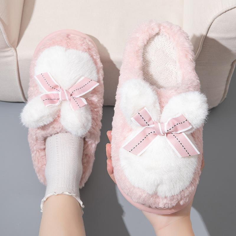 Новые женские зимние домашние тапочки с пушистыми ушками кролика, хлопковая обувь для женщин, зимние легкие меховые шлепанцы, розовые тапочки-кролики