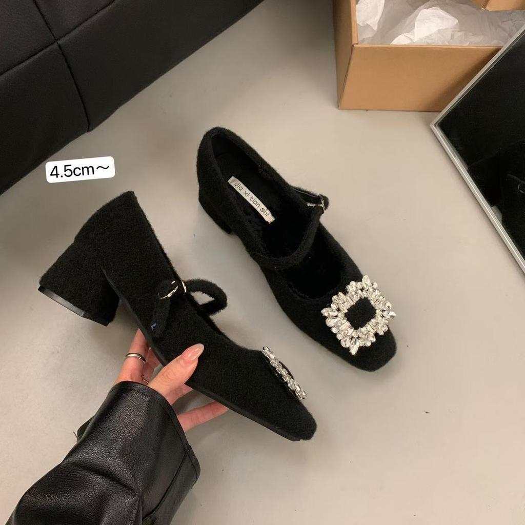 French velvet gray Mary Jane fluffy shoes women's shoes 2025 autumn and winter temperament high heel square head rhinestone shoes