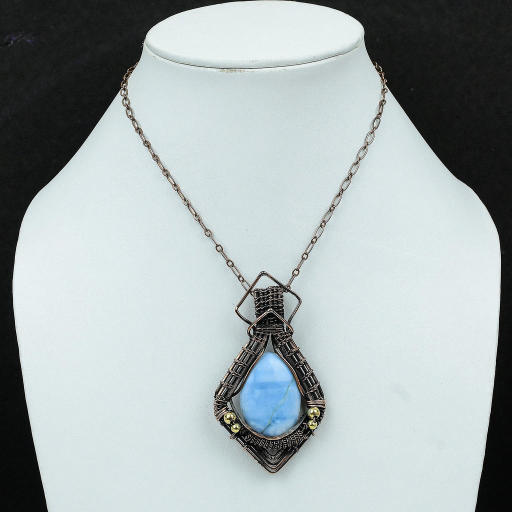 Подвеска Owyhee Blue Opal, подвеска с медной проволокой, высококачественные ювелирные изделия с драгоценными камнями, подвеска ручной работы, обмотанная медной проволокой, подарок для женщин