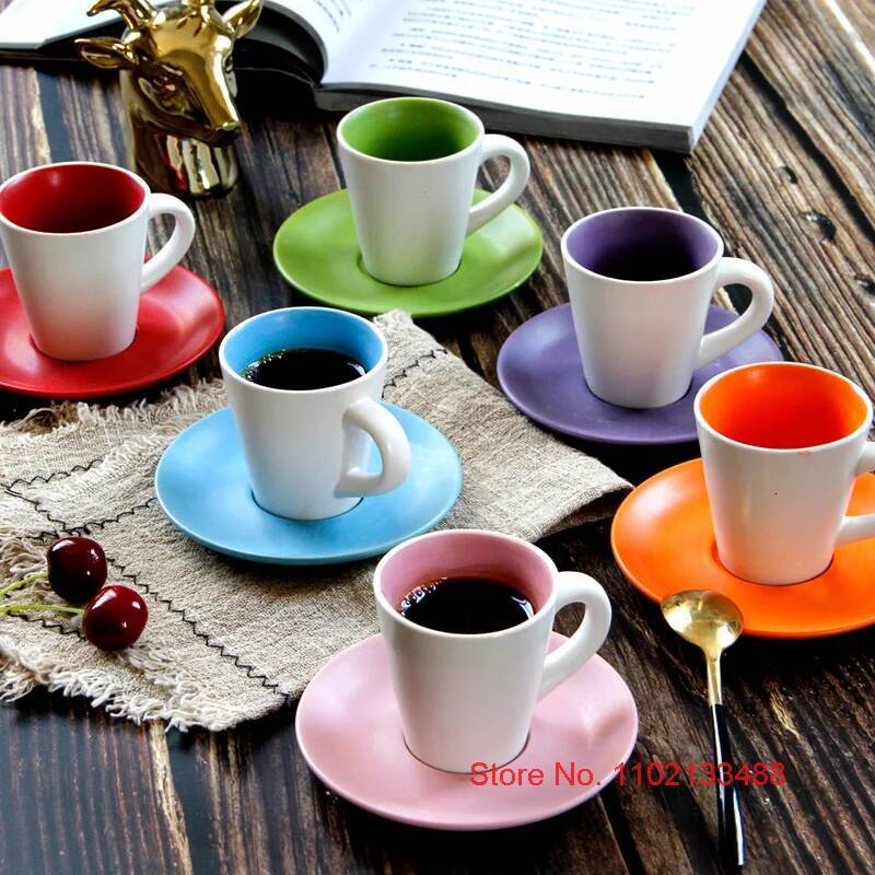 6 Pcs Professional Coffee Cup Set Cafe Tableware Drinkware Macaron Frosted Ceramics Italy Espresso Coffee Cup And Saucer Set