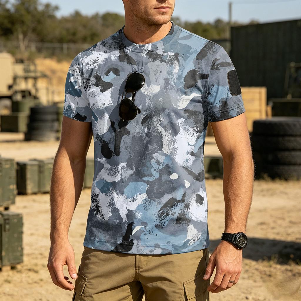 Men Tactical Camouflage Pattern Crew Neck Loose Fit Short Sleeve Outdoor Quick Dry T Shirt with Velcro Patch Panel
