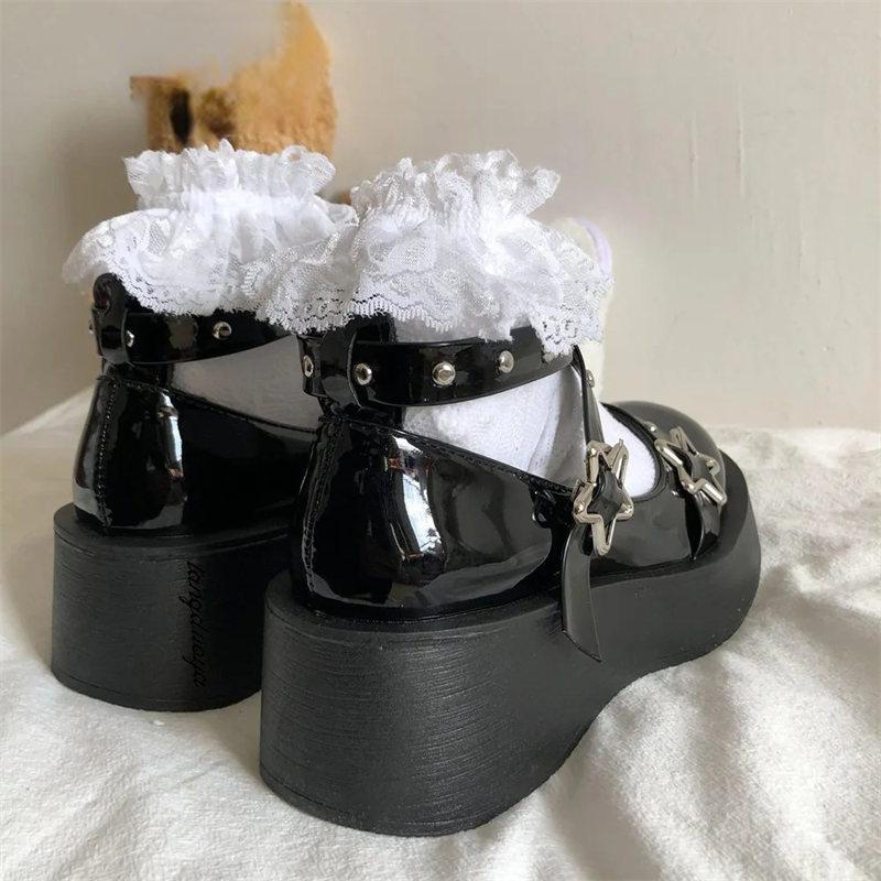 Туфли в стиле Лолиты, женские туфли на каблуке и платформе, Мэри Джейн, с ремешком и пряжкой в ​​виде звезды, женские туфли Мэри Джейн с перекрестной завязкой и заклепками для девочек, повседневные туфли в стиле каваи