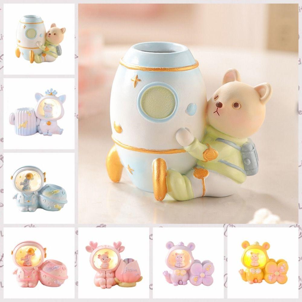 Little Bear/Pig LED Night Light Cartoon Makeup Brush Holder Astronaut Ornament Children's Gifts