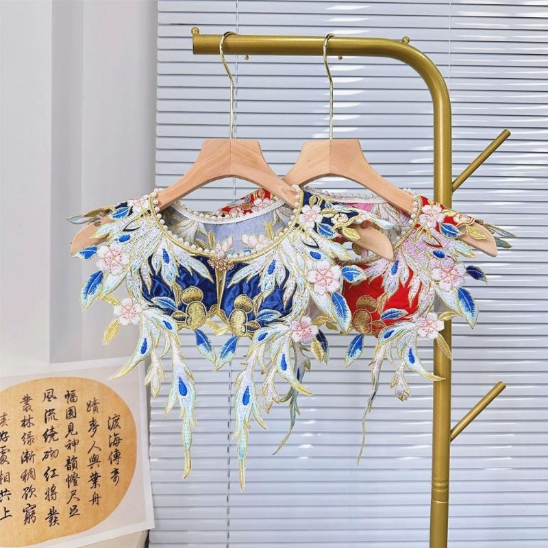 Exquisite Small Shawl with Ancient Style Embroidery Floral Pearl Beading Neckline Fake Collar Hanfu Costume Accessory