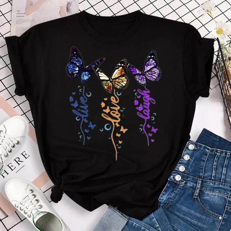 Women's Colorful Butterfly Petal Print T-shirt Short-sleeved Round Neck Cute Graphic Top