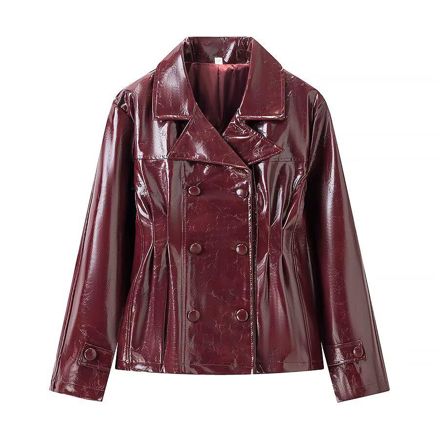 Women's Street Style Leather Suit: Double-breasted Waist-cinching Jacket & A-line Skirt Set