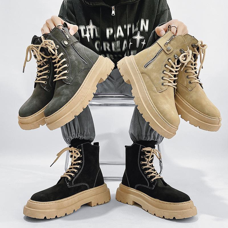 Men's Boots 2024 Autumn Thick Soled Zipper Lace-up Korean Belt Buckle Height Increasing Comfort High Top British Sports Boots