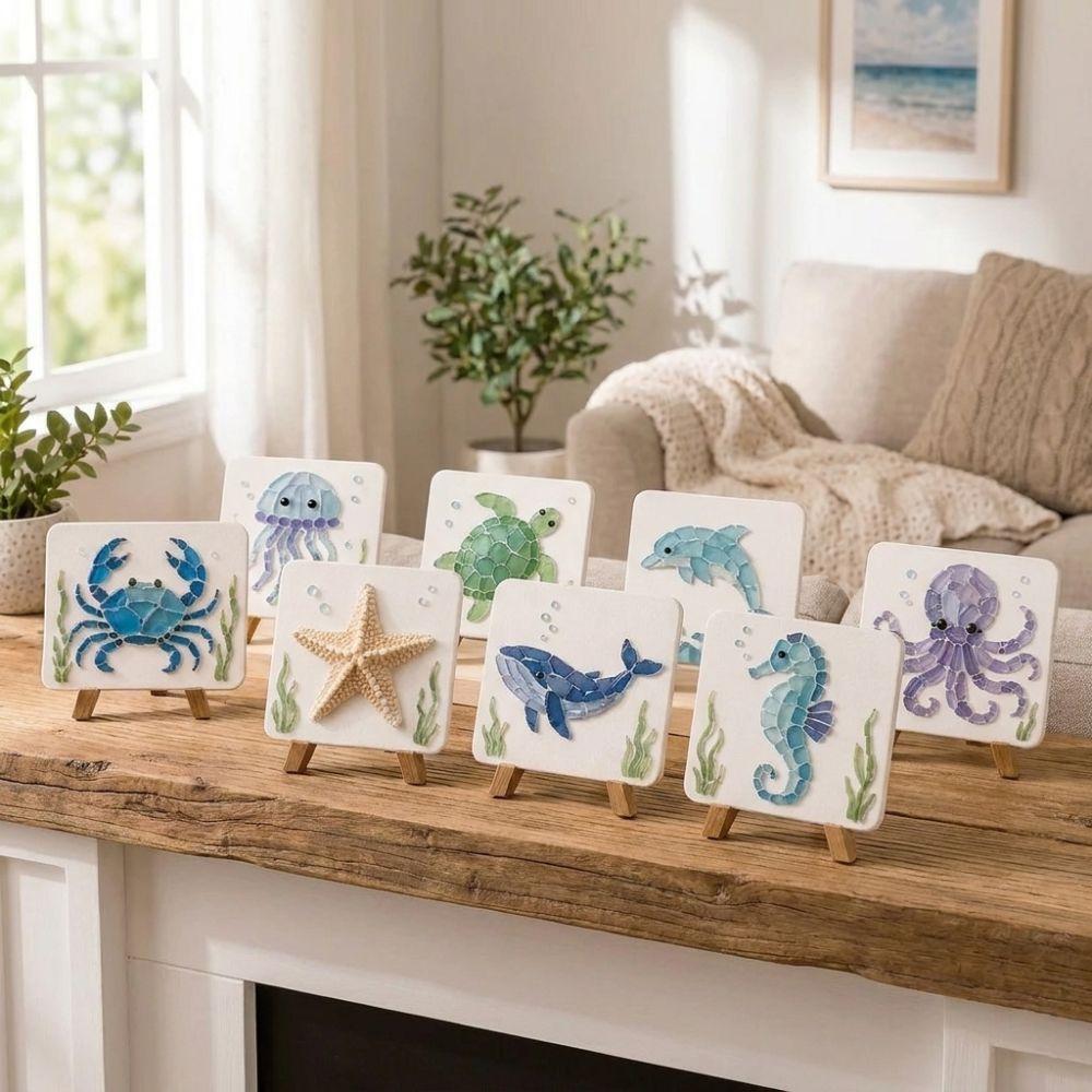 Sea Creature Glass Mosaic Craft Set Ocean Inspired Animal Shaped Crushed Glass Art Party Craft