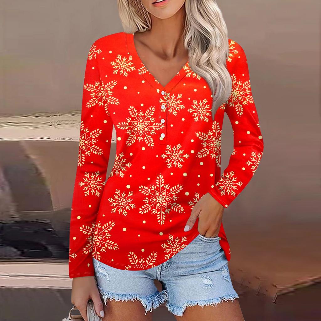 Women's Casual Fashion Sexy Comfort Christmas Printed V-Neck Button Long Sleeve