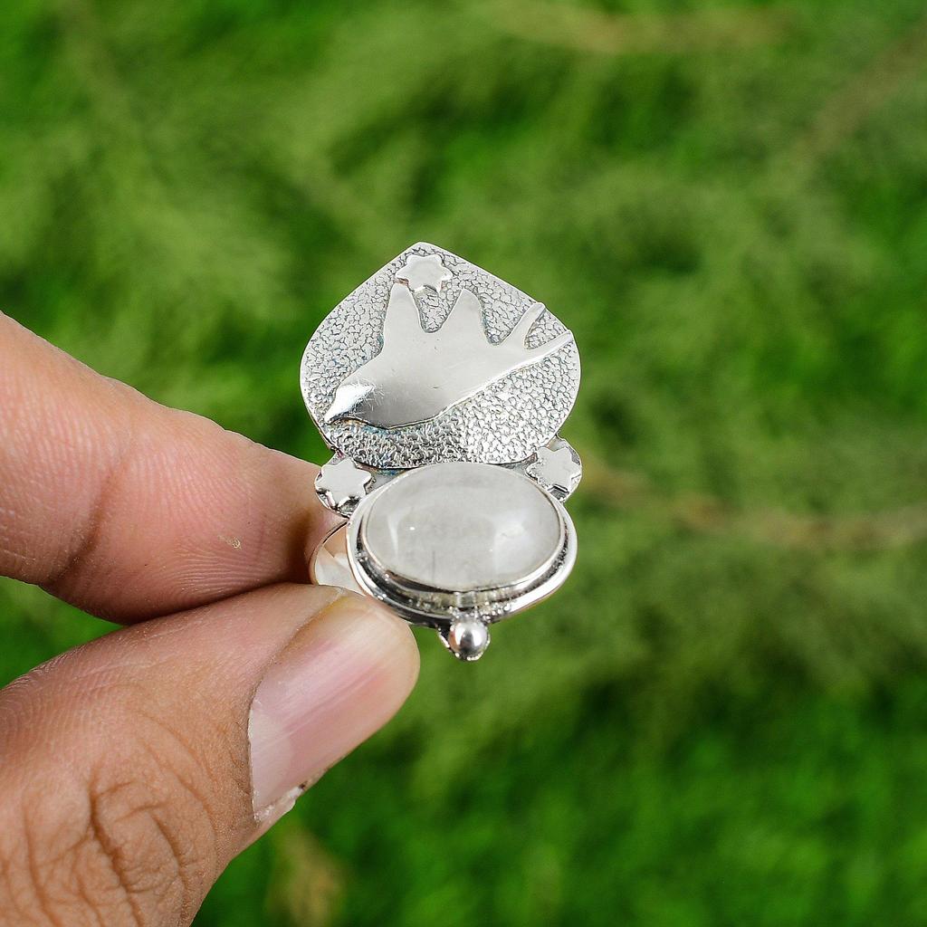 Gift For Her 925 Silver Natural Rainbow Moonstone Promise Bird Adjustable Ring