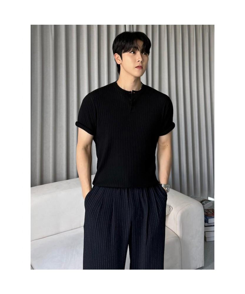 8SECONDS Ribbed Henley Neck Short Sleeve Knit Black