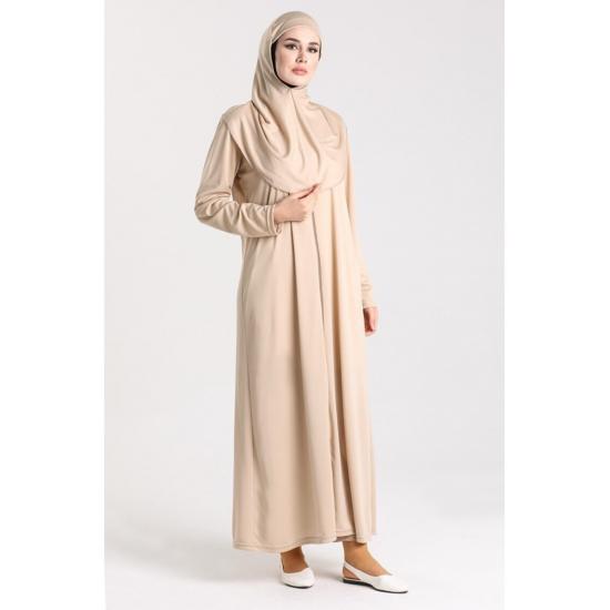 Hijab Seasonal Full Length Flared Sleeve Mink Color Zipper Prayer Dress