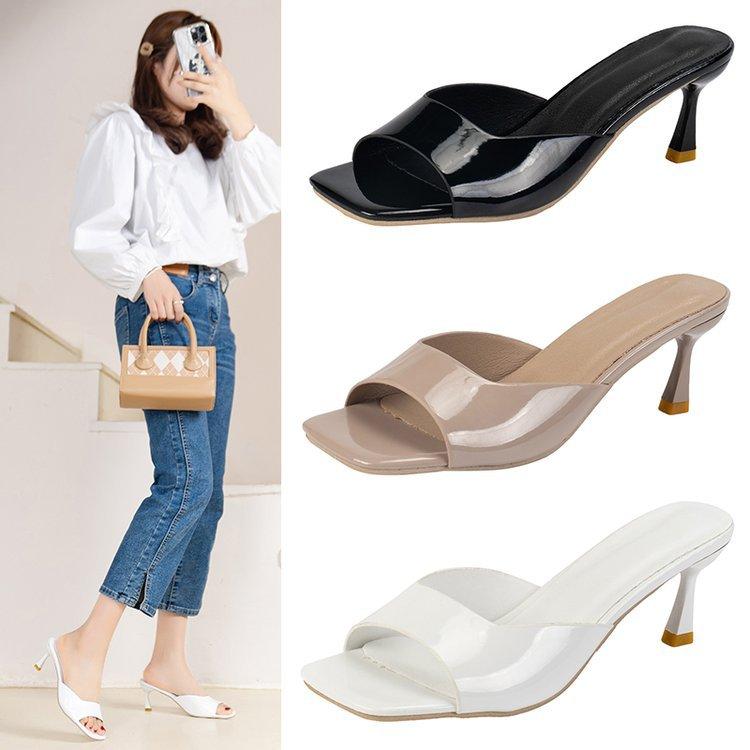 Босоножки на высоком каблуке Женские Летние Новые Большого размера 42 Квадратный носок Тонкий каблук Женские шлепанцы