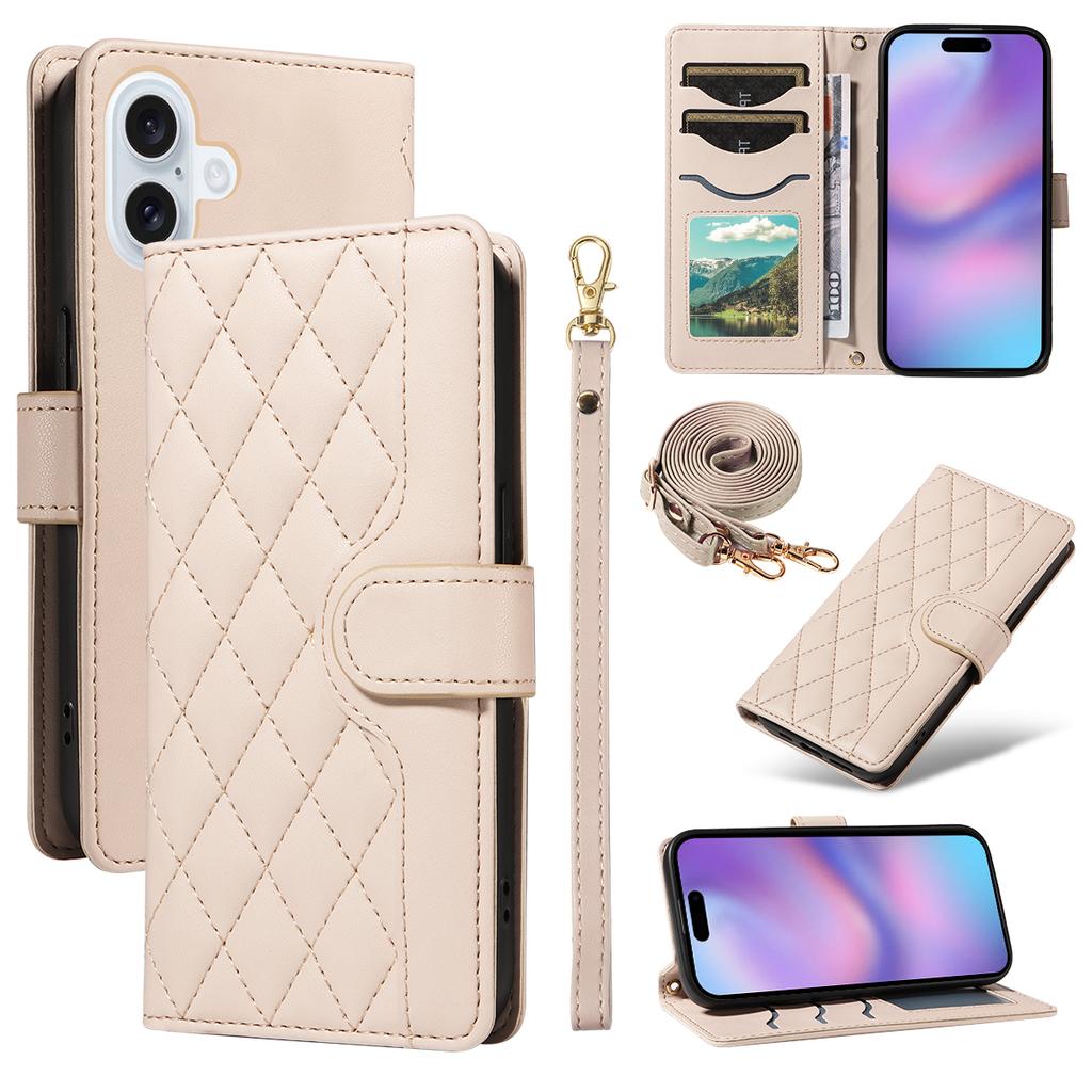 For iPhone 17 Wallet Case Rhombus Leather Phone Cover with Strap