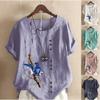 Женская мода, летняя футболка с круглым вырезом и коротким рукавом, повседневная хлопковая льняная рубашка с рисунком, свободная блузка с принтом для отдыха, топы больших размеров