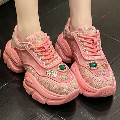 Женская Роскошная Обувь Вулканизированные Кроссовки Блестящие Стразы Клинья Толстая Подошва Платформа Шнуровка Удобная Повседневная Обувь Для Женщин