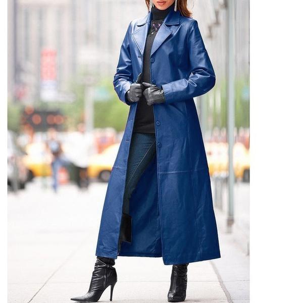 Women Fashion Long Leather Jacket Casual Loose Button Plain Long Raincoats Steampunk Jackets Gothic Lapel Jackets Biker Jacket