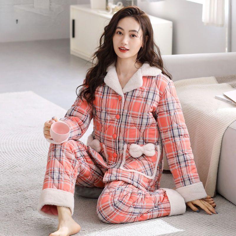 Куртка Пижама Женская Зимняя Трехслойная Теплая Плюшевая Утолщенная Домашняя Одежда Повседневная Для Молодежи Среднего Возраста Комплект Пижамы
