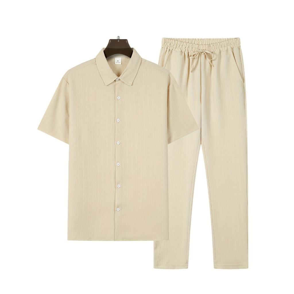 Мужская повседневная полосатая толстовка с коротким рукавом, воротником-стойкой на пуговицах и эластичным поясом, брюки из полиэстеровой ткани с добавлением эластана, двухкомпонентный