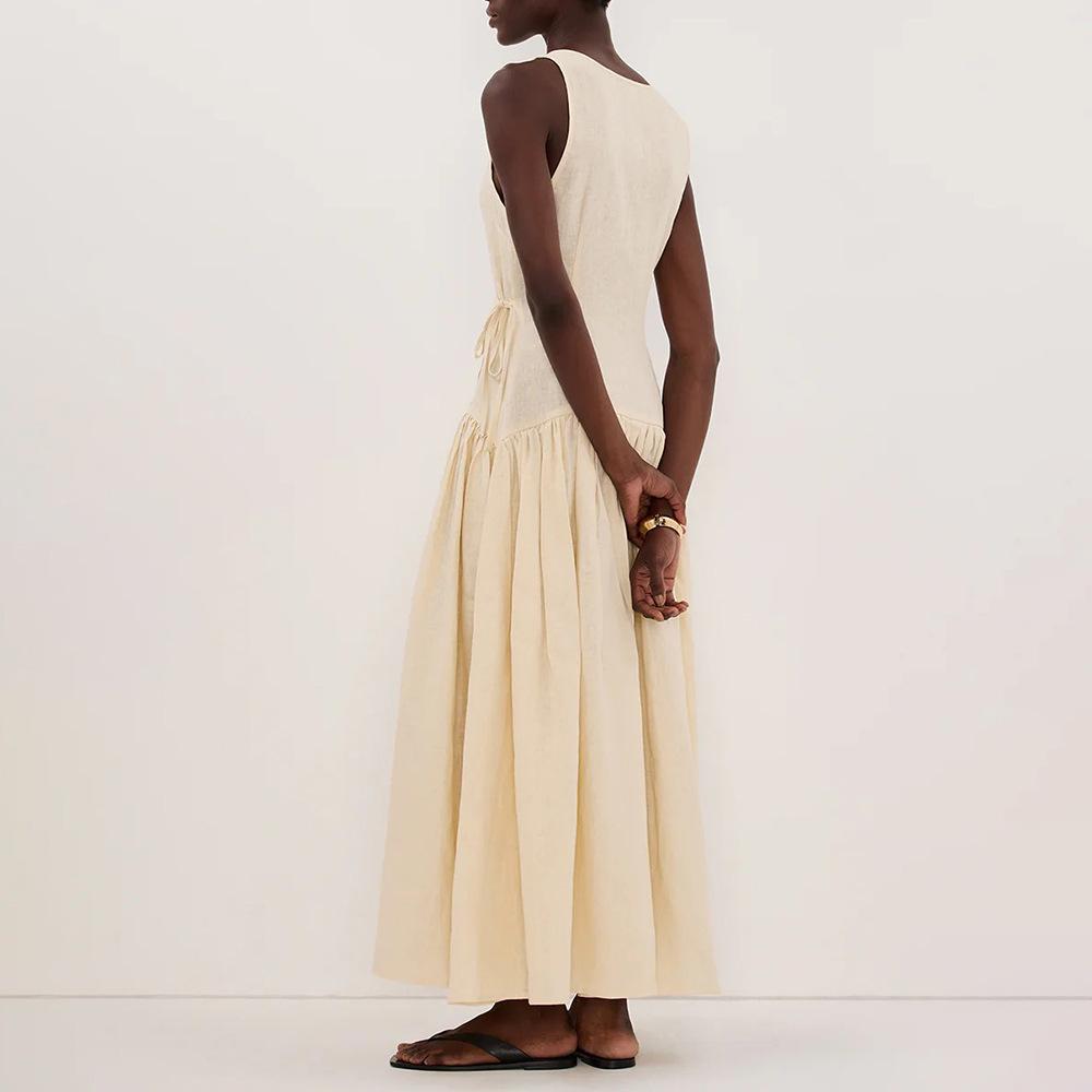 V-neck vest dress, European and American summer new low-waist lace-up waist long dress, pure cotton dress