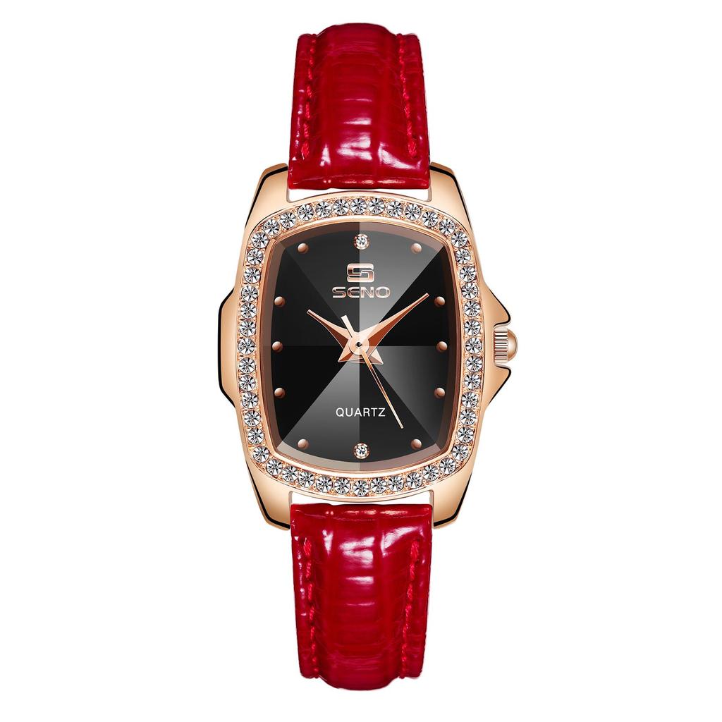 Женские часы SENO Retro Square Diamond с кожаным ремешком - Простой дизайн с кварцевым механизмом и бриллиантами.