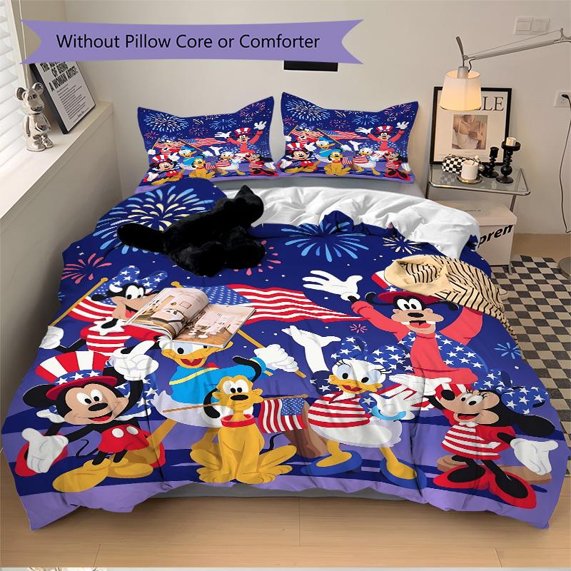 3pcs Mickey Friends Celebrate America Bedding Set, Includes One Quilt Cover and Two Pillowcases, Bedroom and Guest Room Decoration. T7231126