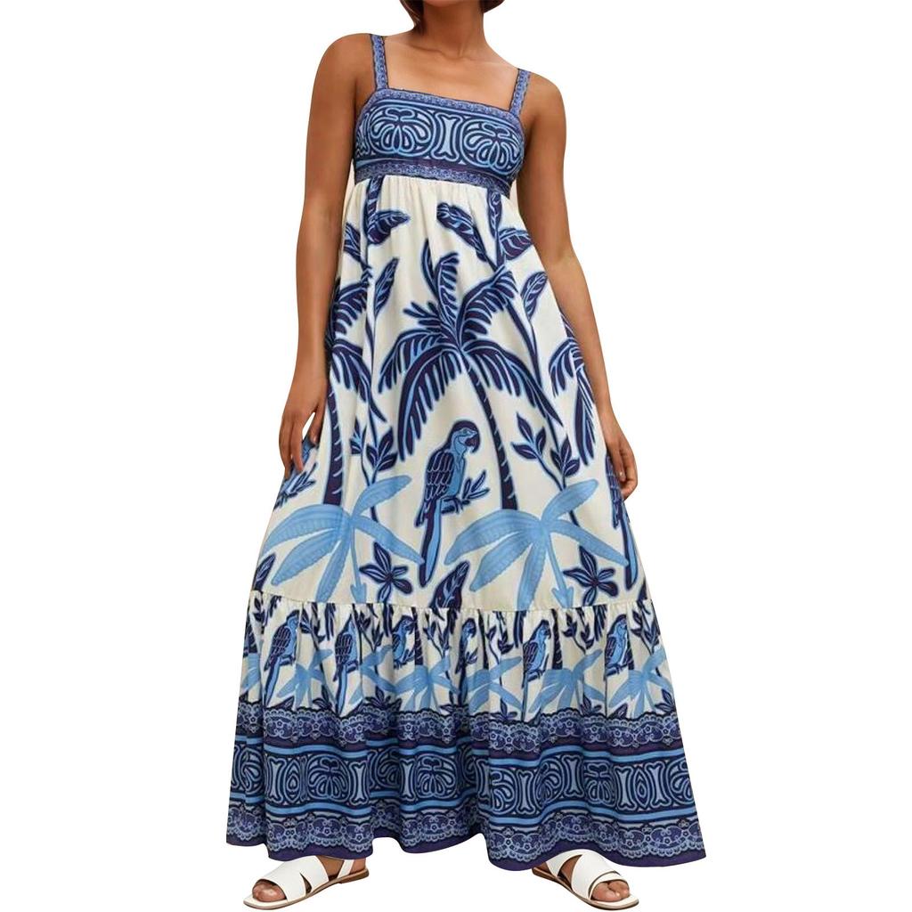 Women's Casual Fashion Vintage Floral Print Suspender Dress Elegant Holiday Dress