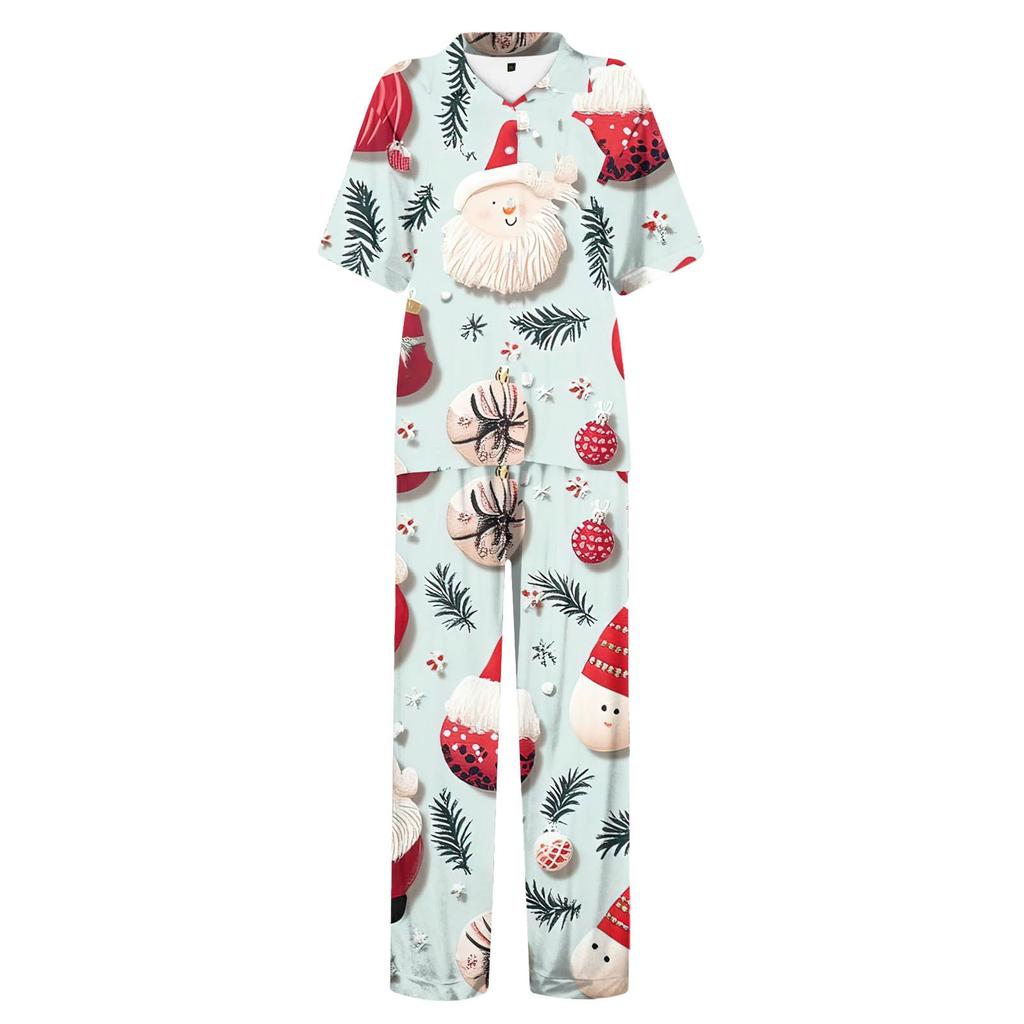 Женский рождественский пижамный комплект с принтом, женские короткие рукава, длинные брюки, комплект из двух предметов, застегивающийся на пуговицы, домашняя одежда