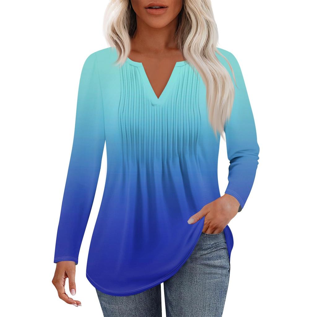 Женская Мода Повседневная Плиссированная Футболка с V-образным Вырезом Однотонная с Длинным Рукавом Элегантные Топы
