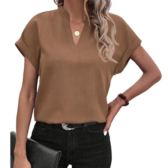 Women Summer Casual Shirt V-Neck Short Sleeve Loose Fit Pullover Tops Office Lady Simple Blouse Workwear