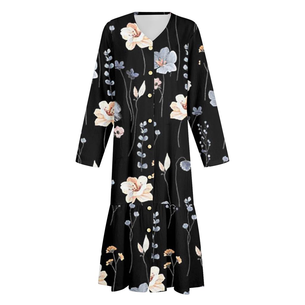 Женское повседневное однобортное платье с цветочным принтом, V-образным вырезом, длинными рукавами и карманами