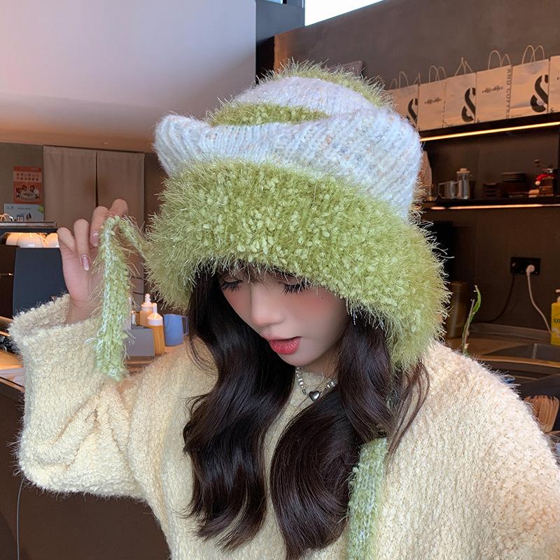Плюшевая милая шапка с кошачьими ушками, женская зимняя теплая шапка-пуловер с защитой ушей, подчеркивающая лицо, маленькая, универсальная, модная вязаная шерстяная шапка