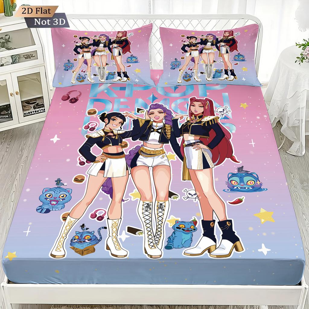 3pcs K-Pop Demon Hunters Print Coreless Fitted Sheet Set Multiple Size Bedrooms Dormitory Bedcover Decoration Machine Washable