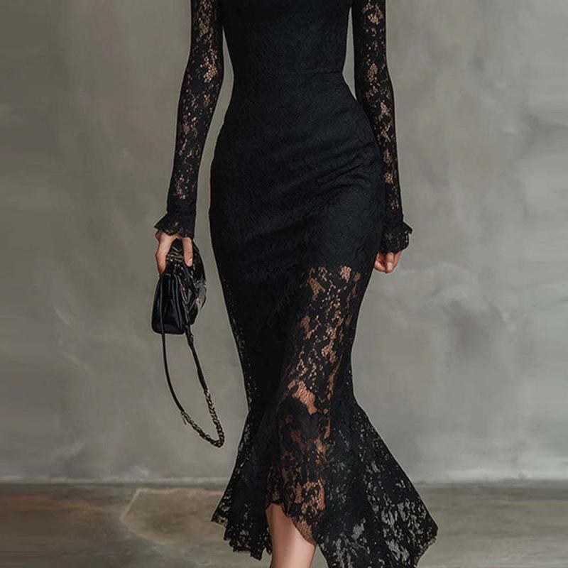 Elegant Cross-border European & American Long-sleeve Banquet Dress: High-waisted, Slim-fit, Autumn/Winter Skirt