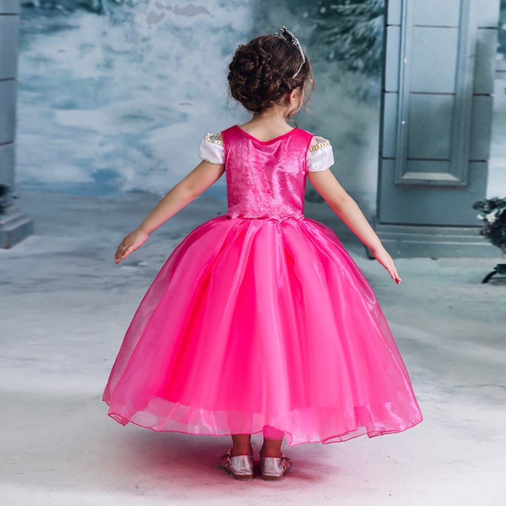 [EKALA] Princess Aurora Dress Children's Dress Cosplay Cindere Frozen Princess Dress Costume Luxury 7 Piece Set Pink (Princess Dress, Heart Tiara,