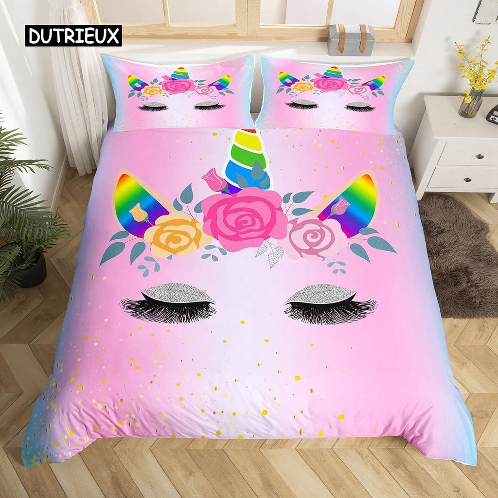 Girls Cute Unicorn Duvet Cover Set Cartoon Animal Bedding Set Microfiber Floral Star Quilt Cover Twin King For Kids Teens Room