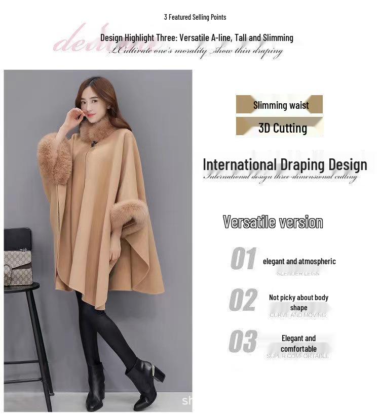 Plus Size Woolen Cape Coat - Autumn/Winter Hepburn Style Cashmere for Women