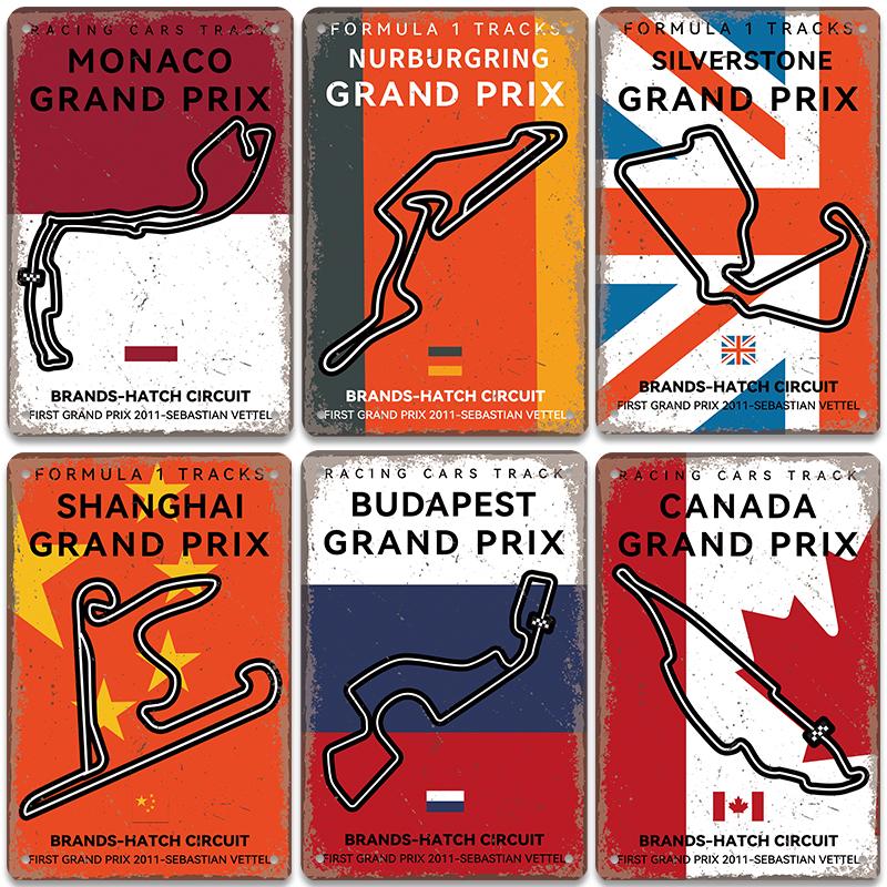 Плакат F1 Racing Circuit, винтажные металлические жестяные знаки, Монако, Испания, США, станция, ретро металлическая доска, гараж, бар, паб, клуб, домашний декор стен