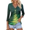 Women's Casual Fashion Sexy Comfortable Christmas Print V-Neck Button Three-quarter Sleeve Top