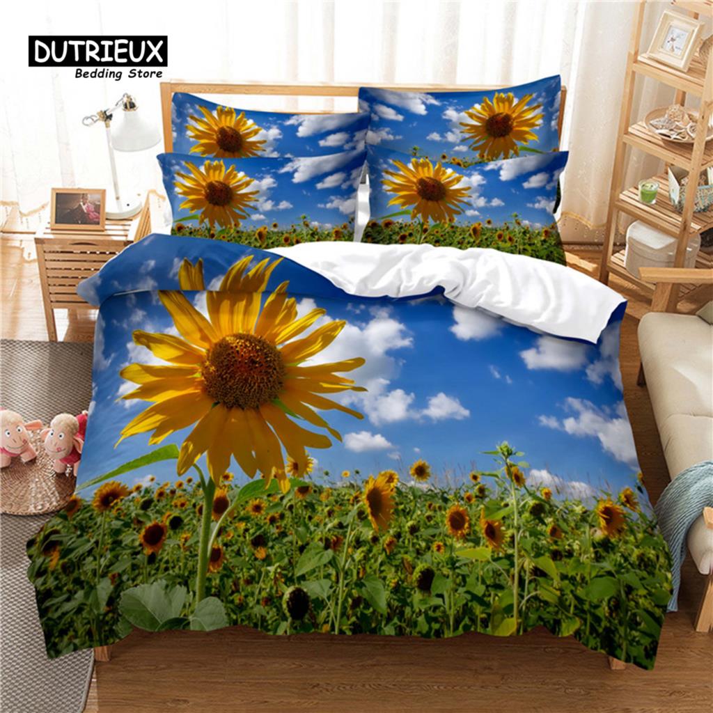 Beautiful SunFlower Bedding Set, 3Pcs Duvet Cover Set, Soft Comfortable Breathable Duvet Cover, For Bedroom Guest Room Decor
