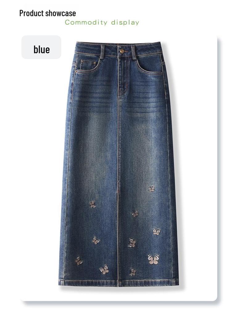2024 New Women's High Waist Embroidered Denim Bodycon Midi Skirt with Front Slit for Spring & Autumn