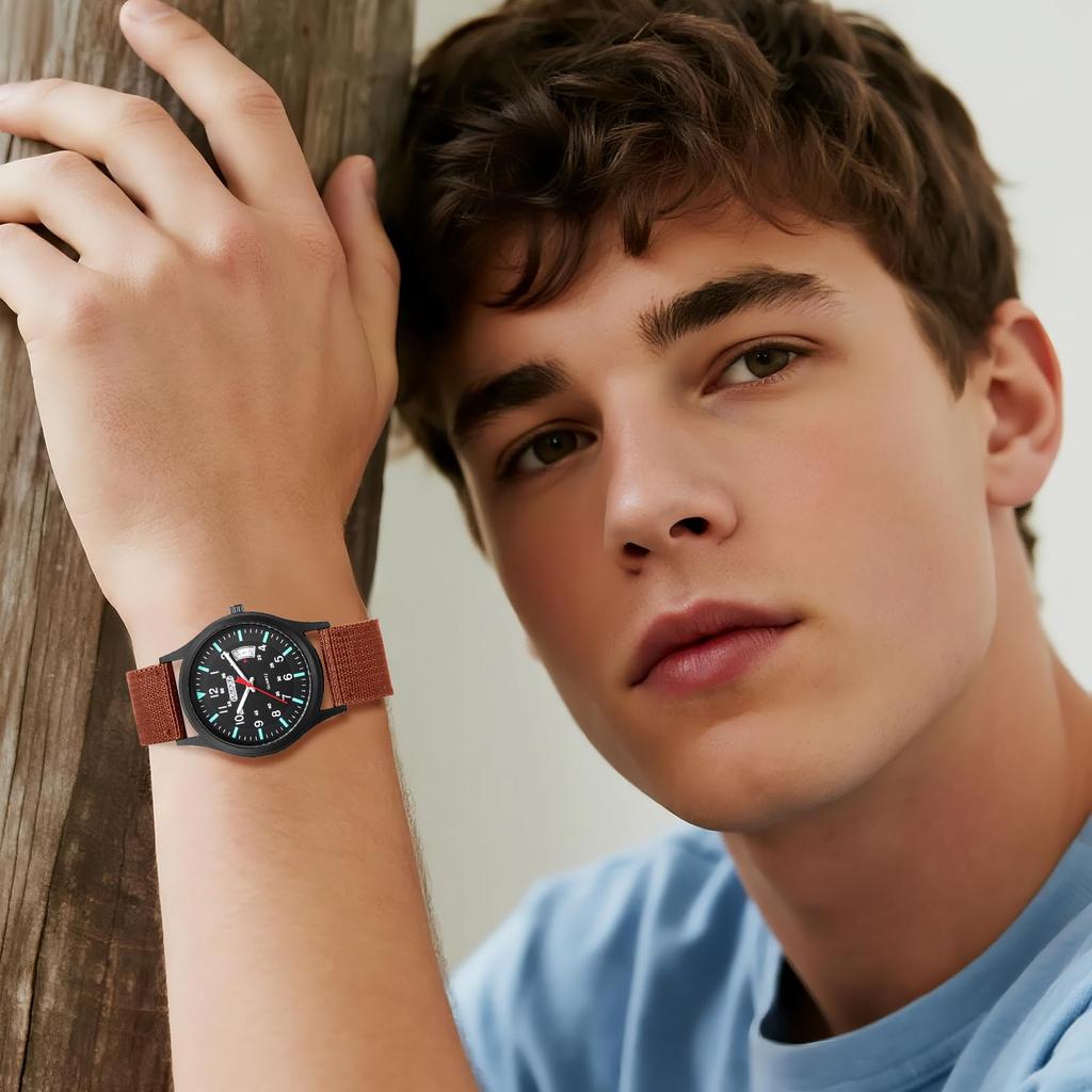 Military Watch with Nylon Luminous Analog Simple and Stylish Quartz Fashion Accessory Perfect Gift for and Day Men's Strap, Waterproof, Display,