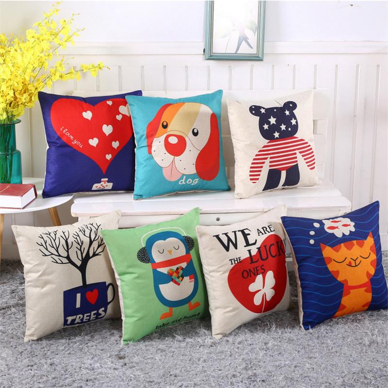 45x45cm Cotton Linen Sofa Cushion Cover Vintage Cartoon Animal Flower Printed Living Room Decorative Pillow Case