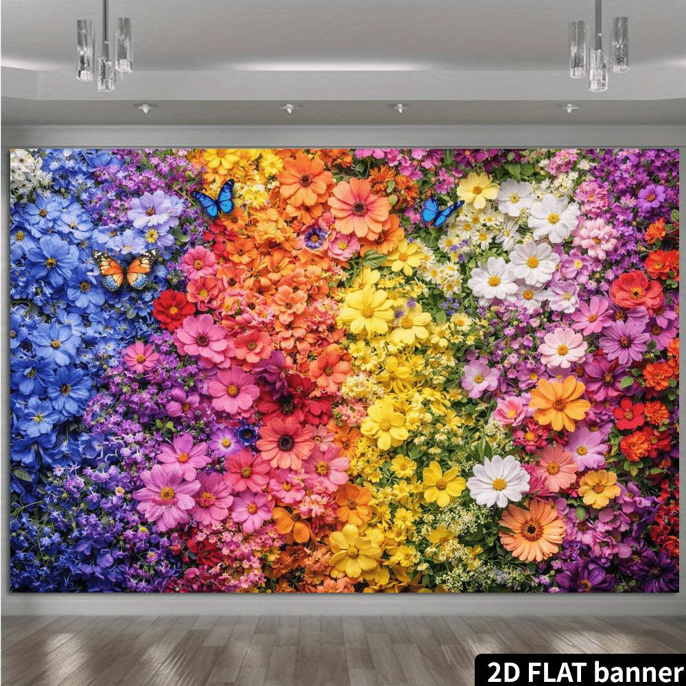 2D plane dense rainbow flower wall backdrop fabric made of polyester fibers with colorful flowers and butterfly patterns