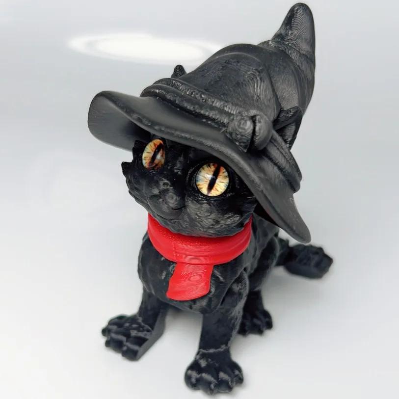 3D Printed Cat Figure Toy for Adults Gift Realistic Magical Joint Movable Witch Hat Cat Animal Model Home Desktop Decoration