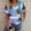 Summer V-neck 3D Square Stripe Printed Top Fashionable Casual Short Sleeved Women's T-shirts