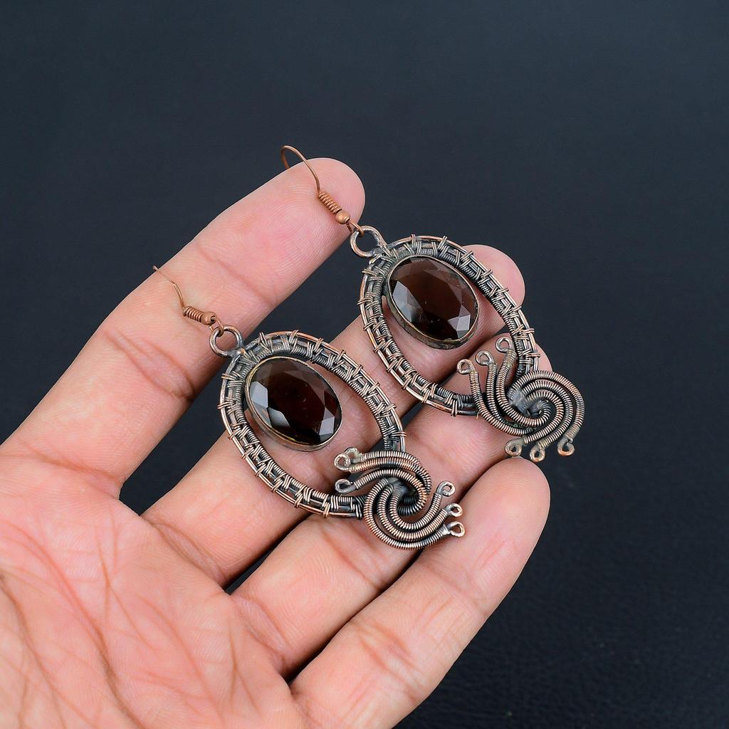 Серьги с дымчатым топазом, ювелирные изделия с драгоценными камнями, серьги ручной работы, обернутые медной проволокой 999 пробы, ювелирные изделия новейшего дизайна