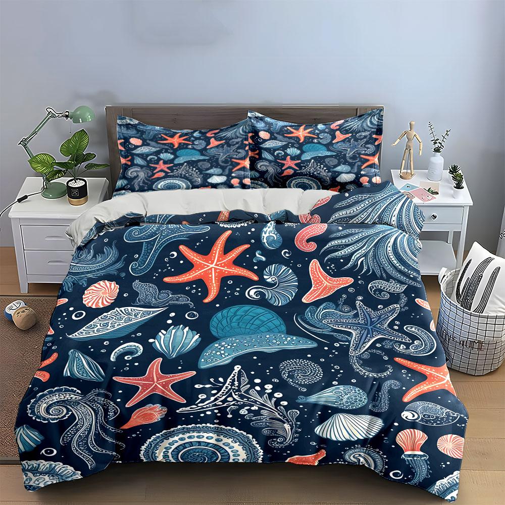 Ocean Theme Decorative Set Bedding Set with 1 Duvet Cover 2 Pillowcases Single Double King Queen, Gift